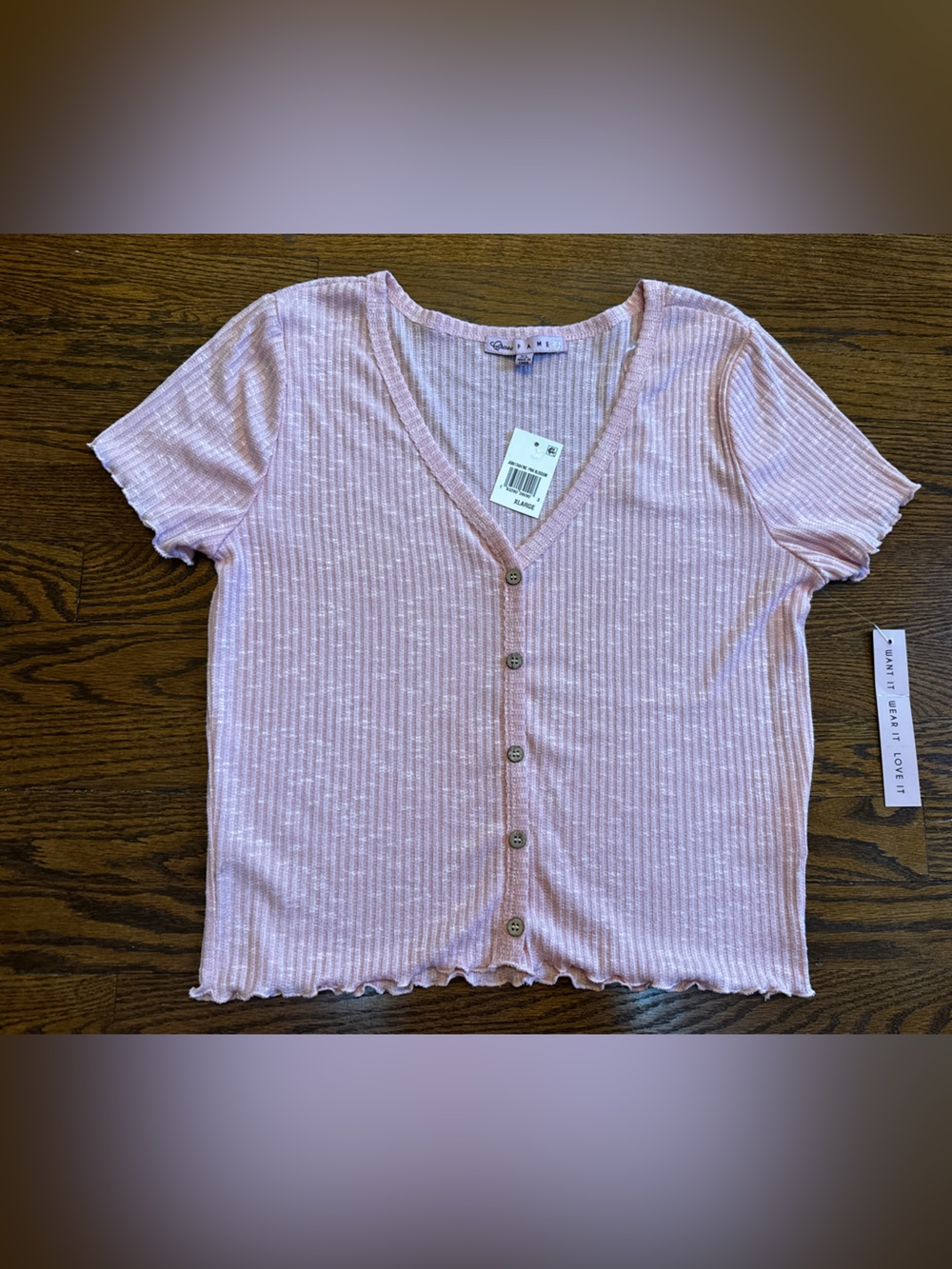 Crave Fame Pink Ribbed Knit V-Neck Button Front Short Sleeve Top Women's XL